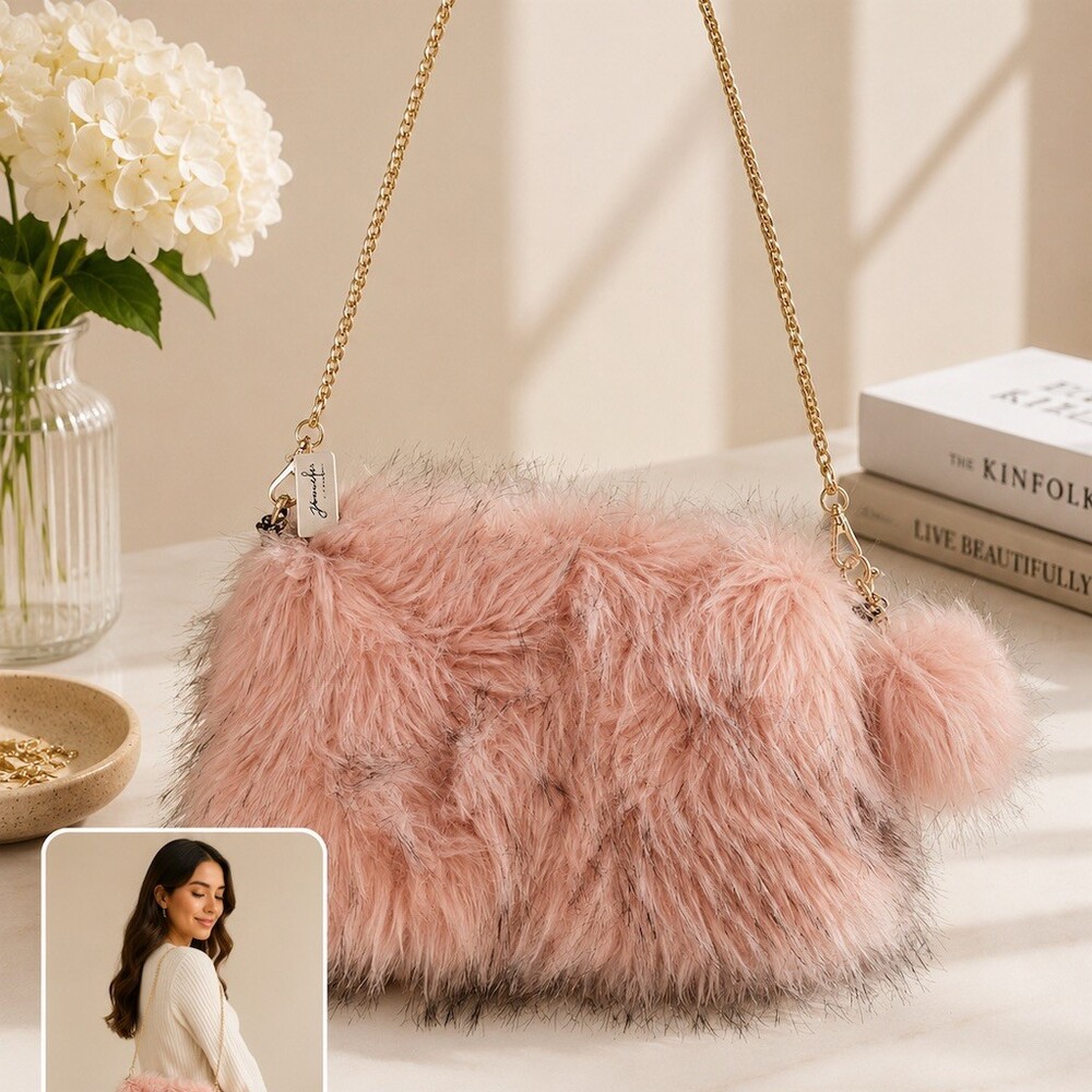 Jennifer K shoulder Purse Womens Small Pink Fur Gold Chain Pom Pom Zip cute